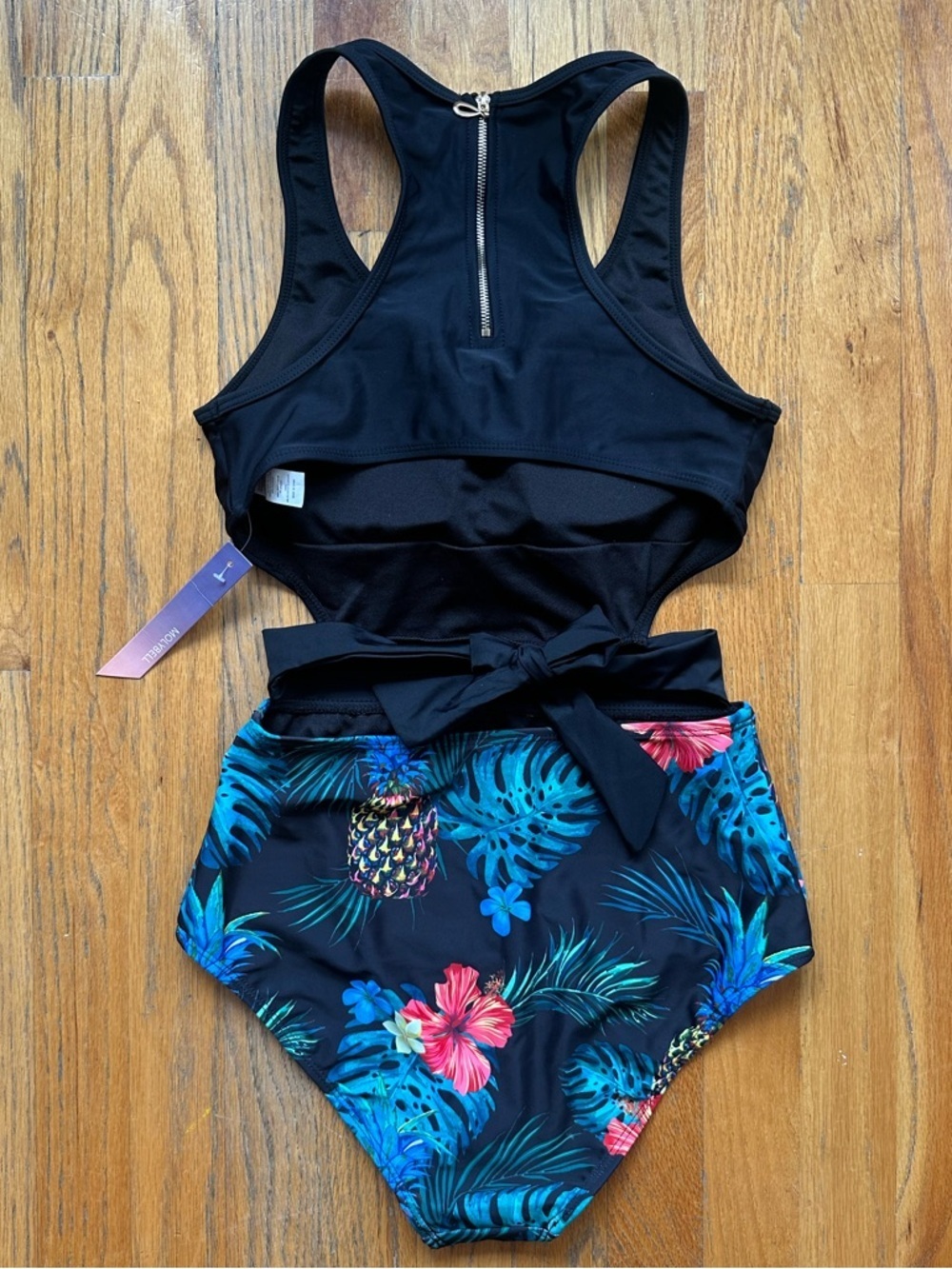 Black Tank One-Piece Swimsuit with Tropical-Print High-Waist Bottom - Picture 4 of 7